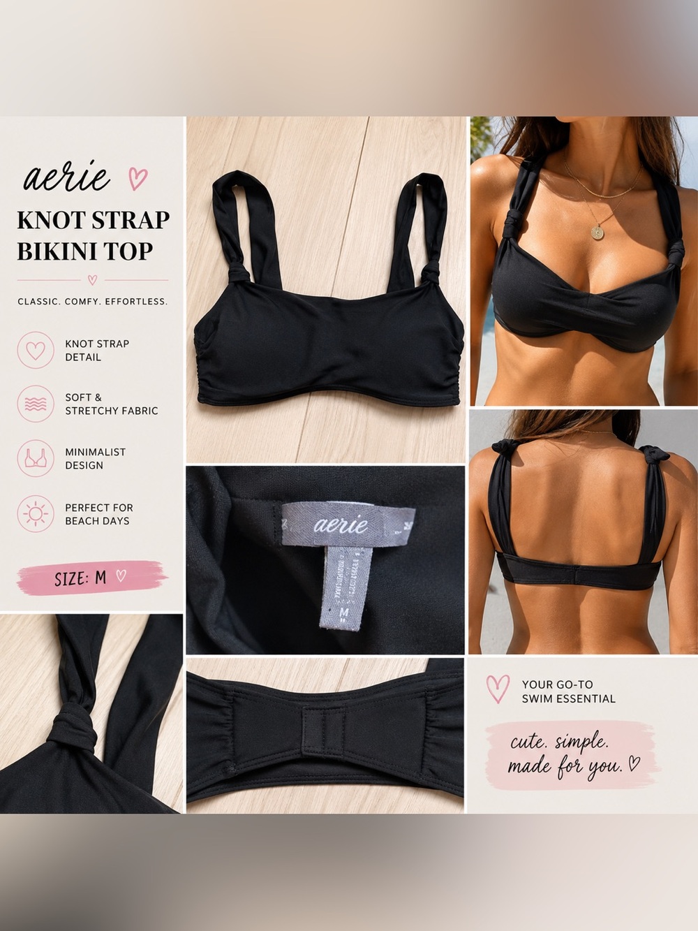 Aerie Black Knot Strap Bikini Top Women’s Swim Top Minimalist Beach Swimwear